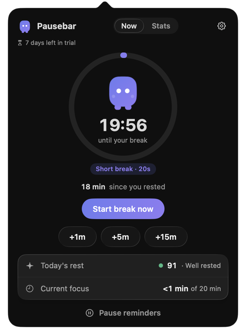 Pausebar Now popover — live countdown to your next break, snooze, and today's rest