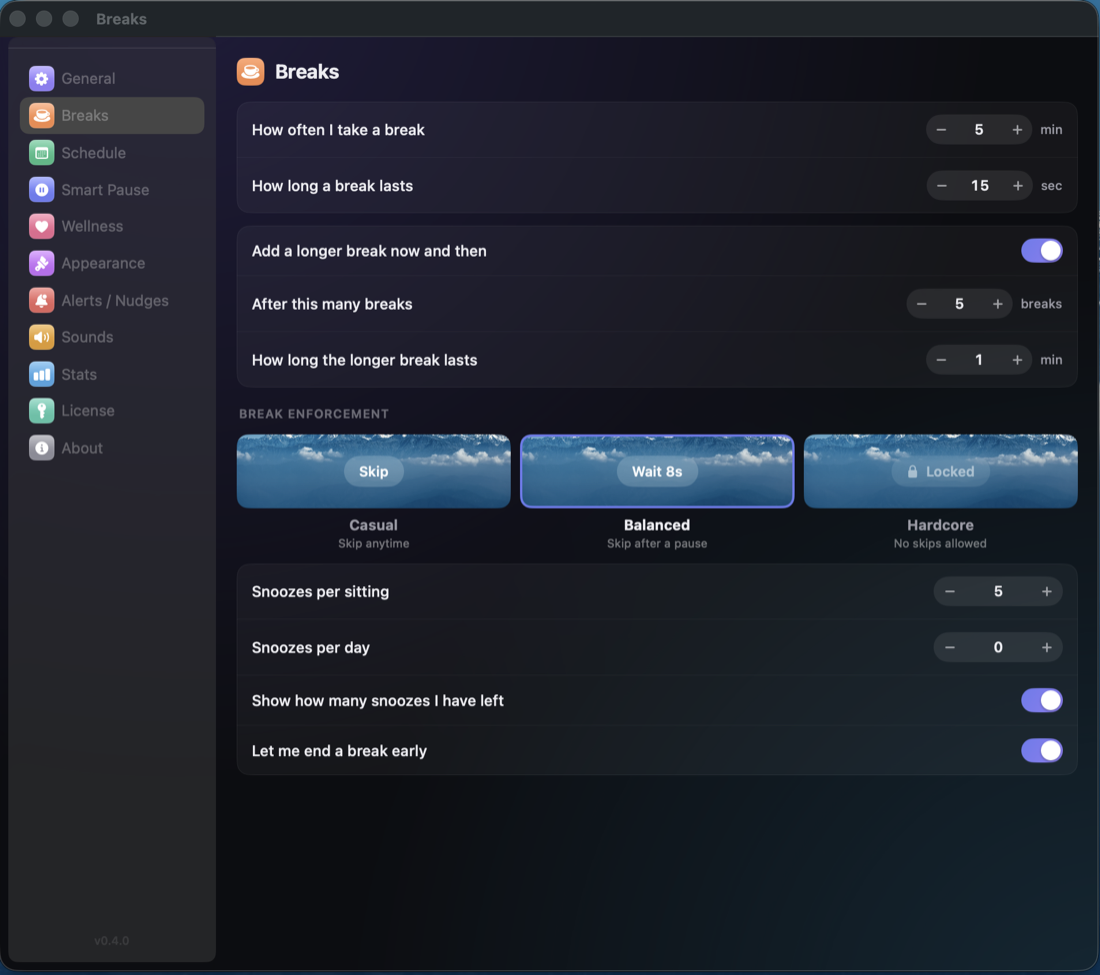 Pausebar break settings shown in an existing product screenshot