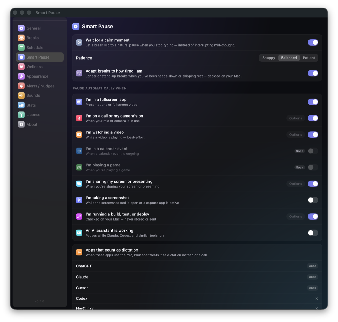 Pausebar Settings — Smart Pause: per-signal detection toggles for calls, fullscreen, video, screen-share, builds, and AI-agent runs